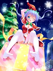 Rule 34 | 1girl, bell, blue eyes, blue hair, bow, box, breasts, christmas tree, cleavage, collar, from behind, gift, gift box, green bow, hair bow, hat, highres, long hair, looking at viewer, matching hair/eyes, medium breasts, midriff, navel, neck bell, one eye closed, original, red hat, red skirt, santa costume, santa hat, sitting, skirt, snow, snowflakes, solo, yagami-all hail nanao