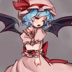 Rule 34 | 1girl, :o, arm grab, bad id, bad pixiv id, bat wings, blue hair, female focus, hat, holding own arm, hutaba123, one eye closed, red eyes, remilia scarlet, short hair, short sleeves, shy, simple background, solo, touhou, wings, wink, wrist cuffs