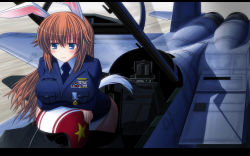 Rule 34 | 1girl, aircraft, airplane, animal ears, blue eyes, blush, breasts, canopy, charlotte e. yeager, ejection seat, f-15, f-15 eagle, female focus, fighter jet, helmet, highres, jet, large breasts, military, military uniform, military vehicle, orange hair, rabbit ears, rabbit girl, runway, smile, solo, strike witches, uniform, world witches series, yae nagi