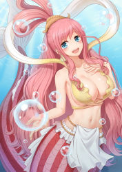 Rule 34 | 1girl, anarchojs, bikini, blue eyes, blush, breasts, bubble, cleavage, earrings, fish hair ornament, hair ornament, hand on own chest, highres, jewelry, large breasts, long hair, mermaid, midriff, monster girl, navel, one piece, open mouth, pelvic curtain, pink hair, shirahoshi, smile, solo, swimsuit, underwater, very long hair, water