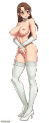 Rule 34 | 1girl, azumanga daiou, breasts, brown eyes, brown hair, cleft of venus, collar, commission, full body, glasses, high heels, highres, lace, lace-trimmed legwear, lace trim, lactation, large breasts, mizuhara koyomi, nipple piercing, nipples, piercing, pussy, simple background, solo, speh, thighhighs, uncensored, white background, white thighhighs