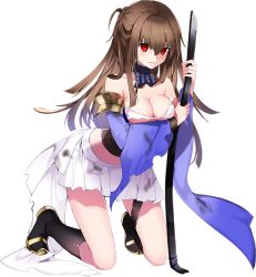 Rule 34 | 1girl, bare shoulders, bow (weapon), breasts, broken, broken weapon, brown hair, cleavage, empty eyes, full body, holding, holding bow (weapon), holding weapon, large breasts, long hair, nagato shizuki (oshiro project), official art, oshiro project:re, oshiro project:re, pleated skirt, red eyes, skirt, solo, tearing up, torn clothes, transparent background, weapon, white skirt