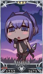 Rule 34 | 1girl, bare shoulders, blush stickers, chibi, dark skin, dark-skinned female, fate/grand order, fate (series), gloves, hairband, hassan of serenity (fate), highres, official art, open mouth, purple eyes, purple hair, riyo (lyomsnpmp), short hair, solo