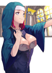 Rule 34 | 1girl, absurdres, breasts, cleavage, cross, cross necklace, habit, hand up, highres, jewelry, large breasts, looking to the side, mboriasu, necklace, nun, open clothes, open shirt, original, purple eyes, red hair, smile, solo, wide sleeves, window