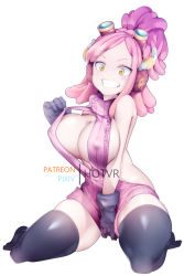 Rule 34 | 1girl, bare shoulders, black gloves, black thighhighs, boku no hero academia, breasts, cleavage, covered erect nipples, full body, gloves, goggles, goggles on head, grin, hatsume mei, hot vr, medium hair, meme attire, no bra, pink hair, ponytail, simple background, sitting, smile, solo, thighhighs, virgin killer sweater, wariza, white background, yellow eyes