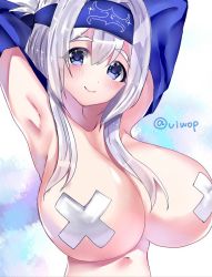 Rule 34 | 1girl, ainu clothes, armpits, blue eyes, blush, breasts, closed mouth, hair between eyes, headband, japanese clothes, kamoi (kancolle), kantai collection, large breasts, long hair, looking at viewer, one-hour drawing challenge, pasties, ponytail, smile, solo, twitter username, underwear, undressing, viwop, white hair