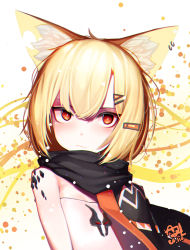 Rule 34 | 1girl, abstract background, absurdres, animal ears, arknights, bare shoulders, beudelb, black cape, blonde hair, cape, fang, fang out, fox ears, fox girl, hair between eyes, hair ornament, hairclip, highres, looking at viewer, material growth, orange eyes, oripathy lesion (arknights), shirt, short hair, simple background, skin fang, solo, strapless, tube top, upper body, vermeil (arknights), white background, white shirt