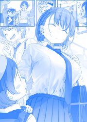 Rule 34 | ai-chan (tawawa), bag, blue theme, blush stickers, breasts, buttons, comic, commentary request, closed eyes, getsuyoubi no tawawa, highres, himura kiseki, large breasts, monochrome, mother and son, necktie, open mouth, school bag, school uniform, silent comic, smile, train interior, translation request, volley-bu-chan (tawawa)