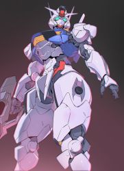 Rule 34 | armor, beam rifle, energy gun, from below, glowing, glowing eyes, green eyes, gun, gundam, gundam aerial, gundam suisei no majo, highres, holding, holding gun, holding weapon, mecha, mobile suit, no humans, robot, science fiction, simple background, solo, v-fin, weapon, yd (orange maru)
