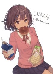 Rule 34 | 1girl, absurdres, black skirt, bread, brown eyes, brown hair, cardigan, closed mouth, collared shirt, commentary request, drinking straw, food, food in mouth, hair ornament, hairclip, highres, holding, long hair, long sleeves, melon bread, milk carton, mouth hold, neck ribbon, original, pink cardigan, pleated skirt, red ribbon, ribbon, saino misaki, shirt, simple background, sitting, skirt, solo, twitter username, white background, white shirt