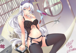 Rule 34 | 1girl, arrow (projectile), babydoll, black panties, black thighhighs, blue eyes, blush, bow (weapon), breasts, cleavage, clipboard, english text, female focus, finger to mouth, front-tie top, garter belt, garter straps, gisyo, lace, lace panties, large breasts, leg up, legs, lingerie, long hair, midriff, naughty face, navel, nurse, panties, pen, quiver, see-through, silver hair, sitting, smile, solo, spread legs, tasukete eirin, test tube, thighhighs, thighs, thong, touhou, underboob, underwear, very long hair, weapon, yagokoro eirin