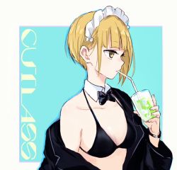 Rule 34 | 1girl, aqua background, bikini, bikini under clothes, black bikini, black bow, black bowtie, black jacket, blonde hair, blunt bangs, bob cut, bow, bowtie, breasts, character name, closed mouth, collar, commentary, cup, cutlass (girls und panzer), detached collar, drinking glass, drinking straw, girls und panzer, half-closed eyes, holding, holding cup, jacket, looking to the side, maid headdress, medium breasts, off shoulder, outside border, short hair, solo, swimsuit, upper body, watch, white collar, wing collar, wristwatch, yellow eyes, yuuyu (777)
