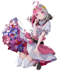 Rule 34 | 1girl, ahoge, blush, dress, flower, hand up, long hair, looking at viewer, multicolored hair, pink dress, pink eyes, pink hair, pink socks, simple background, smile, socks, spring (takt op.), takt op., takt op. symphony, transparent background, two-tone hair, white dress, white hair, white socks