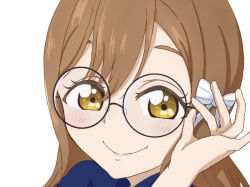 Rule 34 | 1girl, artist name, artist request, blue bow, blue dress, blush, bow, breasts, brown eyes, brown hair, buttons, close-up, dress, female focus, frilled sleeves, frills, glasses, hair between eyes, hair bow, kunikida hanamaru, light brown hair, long hair, long sleeves, looking at viewer, love live!, love live! school idol festival, love live! sunshine!!, mitaiken horizon, mitaiken horizon (love live!), parted lips, pink lips, plaid, plaid dress, pleated, pleated dress, ribbon, smile, solo, striped bow, striped ribbon, upper body, white background, white bow, white ribbon, yellow eyes
