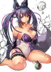 Rule 34 | 1girl, absurdly long hair, animal ear fluff, animal ears, annie (destiny child), bare shoulders, black hair, breasts, clothing cutout, destiny child, elbow gloves, explosive, fingerless gloves, gloves, grenade, hair ribbon, hand on own chest, hands on own hips, heart cutout, highres, large breasts, long hair, looking at viewer, multicolored hair, one-piece swimsuit, purple eyes, purple gloves, purple hair, purple ribbon, revision, ribbon, sidelocks, simple background, sitting, swimsuit, thigh strap, very long hair, wariza, water drop, wet, white background, yoshio (55level)