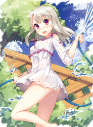 Rule 34 | 1girl, :d, ass, bare legs, bare shoulders, barefoot, blue sky, blush, breasts, bush, clothing cutout, dance of eternity, day, dress, dutch angle, fate/kaleid liner prisma illya, fate (series), feet, frilled dress, frills, highres, holding, hose, illyasviel von einzbern, leg up, long hair, looking at viewer, multicolored clothes, nose blush, open mouth, outdoors, panties, pantyshot, pink eyes, round teeth, see-through, shoulder cutout, silver hair, sky, sleeves past elbows, small breasts, smile, solo, splashing, standing, standing on one leg, tareme, teeth, thighs, tree, twisted torso, underwear, water, water drop, wet, wet clothes, wet dress, white dress, white panties, yellow eyes