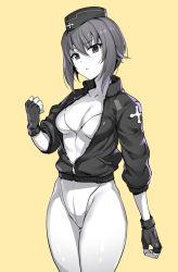 Rule 34 | 10s, breasts, cleavage, closed mouth, cowboy shot, fingerless gloves, garrison cap, girls und panzer, gloves, gluteal fold, greyscale, hair between eyes, hat, highleg, highleg leotard, highres, icomochi, jacket, leotard, looking at viewer, medium breasts, monochrome, nishizumi maho, short hair, solo, spot color, thigh gap, unzipped, yellow background