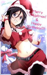 Rule 34 | 1girl, :d, belt, belt buckle, black hair, blue eyes, blush, bow, breasts, buckle, cleavage, crop top, dated, fur-trimmed headwear, fur-trimmed skirt, fur trim, glasses, grin, hair between eyes, hand up, happy birthday, hat, hibike! euphonium, leaning to the side, long hair, looking at viewer, medium breasts, merry christmas, miniskirt, navel, nii manabu, open mouth, outstretched arm, over-rim eyewear, pink bow, red-framed eyewear, red hat, red skirt, sack, santa costume, santa hat, semi-rimless eyewear, signature, skirt, smile, solo, stomach, tanaka asuka, teeth, wrist cuffs