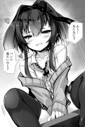 Rule 34 | 1girl, ai takurou, alternate costume, anchor symbol, black thighhighs, blush, commentary request, fang, greyscale, hair between eyes, hairband, half-closed eyes, heart, jacket, kantai collection, long sleeves, monochrome, neckerchief, off shoulder, open mouth, pleated skirt, school uniform, shirt, short hair with long locks, sitting, skin fang, skirt, solo, speech bubble, thighhighs, tokitsukaze (kancolle), translated