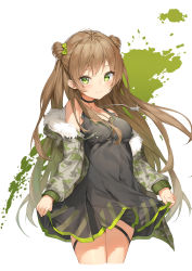 Rule 34 | 1girl, absurdres, black choker, black dress, blush, bow, breasts, brown hair, camouflage, camouflage jacket, choker, closed mouth, collarbone, commentary, cowboy shot, cropped legs, double bun, dress, fur-trimmed hood, fur trim, girls&#039; frontline, green bow, green eyes, grey jacket, hair bow, hair bun, highres, hood, hood down, hooded jacket, jacket, long hair, looking at viewer, medium breasts, mokew, off shoulder, open clothes, open jacket, pleated dress, rfb (girls&#039; frontline), skirt hold, sleeveless, sleeveless dress, smile, solo, very long hair, white background