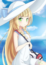 Rule 34 | 1girl, bag, bare shoulders, blonde hair, blue background, blue bow, blush, bow, braid, breasts, cloud, collarbone, creatures (company), dress, game freak, green eyes, hat, hat bow, lillie (pokemon), long hair, looking at viewer, nintendo, ocean, outdoors, pokemon, pokemon sm, sitting, sky, sleeveless, sleeveless dress, small breasts, solo, sun hat, twin braids, unel1211, water, white dress, white hat