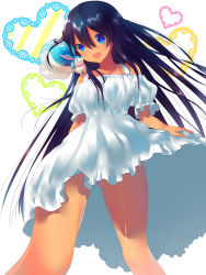 Rule 34 | 10s, 1girl, animal, animal on shoulder, bad id, bad pixiv id, black hair, blue eyes, breasts, captain earth, dark skin, dark-skinned female, dress, heart, highres, long hair, looking at viewer, mutou hana, open mouth, pitz, solo, tmss, white dress