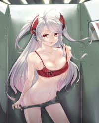 Rule 34 | 1girl, absurdres, antenna hair, armpits, azur lane, bike shorts, black shorts, breasts, closed mouth, clothes pull, collarbone, covered erect nipples, cross, cubicle, floating hair, gluteal fold, groin, hand up, headgear, highres, indoors, iron cross, large breasts, leaning to the side, lifting own clothes, lips, long hair, looking at viewer, navel, picture frame, prinz eugen (azur lane), pulling own clothes, rock.fc, seductive smile, shorts, shorts pull, smile, solo, standing, strap lift, swept bangs, thighs, two side up, white hair, yellow eyes