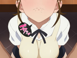 Rule 34 | 1girl, apron, black ribbon, blush, breasts, brown hair, closed mouth, cum, cum in mouth, embarrassed, floor, from above, gokkun, high ponytail, highres, indoors, large breasts, legs, long hair, pov, ribbon, sitting, skirt, sound effects, table, taneshima popura, tedain, thighs, tongue, under table, upper body, working!!