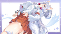 Rule 34 | 1girl, ajishio, animal ear fluff, animal ears, ass, blush, breasts, commentary request, fox ears, from below, hair tubes, hand on own hip, high ponytail, highres, large breasts, long hair, long sleeves, looking at viewer, open mouth, parted bangs, pleated skirt, purple eyes, ribbon-trimmed sleeves, ribbon trim, sidelocks, skirt, smile, solo, suggestive fluid, sweat, touhoku itako, voiceroid, white hair, wide sleeves