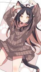 Rule 34 | 1girl, animal ears, black hair, blush, brown sweater, cat ears, cat tail, colored inner hair, commentary request, daidai ookami, highres, long hair, long sleeves, looking at viewer, multicolored hair, open mouth, orange eyes, orange hair, original, ribbed sweater, smile, solo, sweater, tail