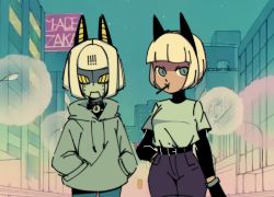 Rule 34 | 1990s (style), 2girls, android, animal ears, blue eyes, cat ears, cat girl, cityscape, contemporary, cowboy shot, firemauer, hood, hoodie, looking at viewer, ms. fortune (skullgirls), multiple girls, parody, retro artstyle, robo-fortune, robot, short hair, skullgirls, style parody, white hair, yellow eyes