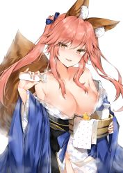 Rule 34 | 1girl, absurdres, animal ear fluff, animal ears, bare shoulders, blue kimono, blush, breasts, bucket, cleavage, collarbone, fang, fate/extra, fate/grand order, fate (series), fox ears, fox girl, fox tail, hair ribbon, heroic spirit traveling outfit, highres, japanese clothes, kimono, large breasts, layered clothes, layered kimono, long hair, long sleeves, looking at viewer, off shoulder, official alternate costume, parted lips, pink hair, ribbon, rubber duck, sash, sidelocks, smile, tail, tamamo (fate), tamamo no mae (fate/extra), tamamo no mae (traveling outfit) (fate), tokkuri, twintails, white kimono, wide sleeves, wooden bucket, yellow eyes, yukata, yukineko1018