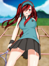 Rule 34 | blush, erza scarlet, fairy tail, highres, planeptune, racket, red hair, skirt