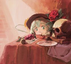 Rule 34 | 1girl, :t, absurdres, apple, apple core, black hat, blush, book, book stack, bow, closed mouth, commentary, flower, food, food on face, fruit, grapes, green eyes, green hair, hat, hat bow, highres, komeiji koishi, leaf, looking at viewer, nepperoni, paper, petals, plate, red flower, red rose, rose, rose petals, short hair, skull, solo, table, tablecloth, touhou, yellow bow