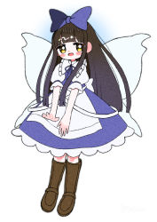 Rule 34 | 1girl, apron, blue bow, blue eyes, blunt bangs, blush stickers, boots, bow, brown hair, brown legwear, collared dress, dotaku (wran8845), dress, fairy, fairy wings, hair bow, jitome, knee boots, long hair, looking at viewer, open mouth, puffy short sleeves, puffy sleeves, short sleeves, sidelocks, solo, star sapphire, straight hair, touhou, waist apron, waist bow, white background, wings, yellow eyes