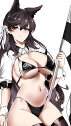Rule 34 | 1girl, absurdres, animal ears, atago (azur lane), atago (stunning speedster) (azur lane), azur lane, bikini, black bikini, blush, breasts, brown hair, checkered flag, cleavage, dog ears, flag, highres, kyle (kysizzle), large breasts, long hair, navel, official alternate costume, open clothes, open shirt, smile, solo, swimsuit, thighhighs, thighs, two-tone bikini, wrist cuffs, yellow eyes