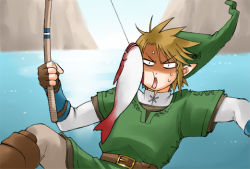 Rule 34 | 1boy, blonde hair, fish, fishing, fishing rod, gloves, holding, holding fishing rod, link, male focus, nintendo, pointy ears, solo, the legend of zelda