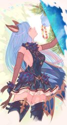 Rule 34 | 1girl, absurdres, animal ears, backless dress, backless outfit, blue hair, breasts, dress, erune, ferry (granblue fantasy), frilled gloves, frills, gloves, granblue fantasy, highres, holding, holding whip, looking up, omu (omuraisubi), sideboob, sideless outfit, solo, thighhighs, wavy hair, whip