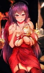 Rule 34 | 1girl, azur lane, black garter straps, black hair, blush, breasts, brown thighhighs, champagne flute, cocktail dress, cup, dress, drinking glass, evening gown, garter straps, heart, heart-shaped pupils, highres, huge breasts, long hair, looking at viewer, official alternate costume, omoyu, pouring, pouring onto self, red dress, red eyes, sitting, solo, symbol-shaped pupils, taihou (azur lane), taihou (forbidden feast) (azur lane), thighhighs, very long hair