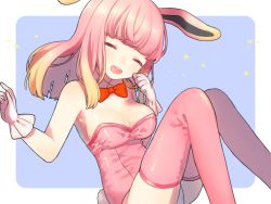 Rule 34 | 1girl, :d, ^ ^, animal ears, bare shoulders, blonde hair, breasts, closed eyes, fake animal ears, fate/grand order, fate (series), gloves, gradient hair, hand up, leotard, long hair, medium breasts, multicolored hair, munuko, open mouth, pink hair, pink leotard, pink thighhighs, playboy bunny, rabbit ears, rabbit tail, riyo servant (bunnygirl) (fate), sitting, smile, solo, star (symbol), strapless, strapless leotard, tail, teeth, thighhighs, thighs, white gloves