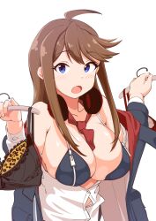 Rule 34 | 1girl, ahoge, bikini, black bikini, blue eyes, breasts, brown hair, character request, cleavage, clothes hanger, copyright request, cosplay, eimi (blue archive), eimi (blue archive) (cosplay), headphones, headphones around neck, highres, holding, holding clothes, jacket, large breasts, long hair, mirish1ta, necktie, open clothes, red necktie, shirt, solo, swimsuit, white shirt, zipper bikini