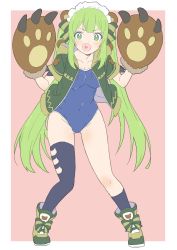 Rule 34 | 1girl, :d, absurdres, animal ears, animal hands, animare, asymmetrical legwear, bad id, bad twitter id, bear ears, bear paws, boots, bow, breasts, copyright request, covered navel, donguri suzume, full body, gloves, green bow, green eyes, green footwear, green hair, green jacket, hair bow, hairband, hands up, heart, heart in mouth, highres, hinokuma ran, jacket, long hair, looking at viewer, medium breasts, nanashi inc., one-piece swimsuit, open clothes, open jacket, open mouth, paw gloves, short sleeves, sidelocks, single sock, single thighhigh, smile, socks, solo, swimsuit, thighhighs, twintails, uneven legwear, very long hair, virtual youtuber