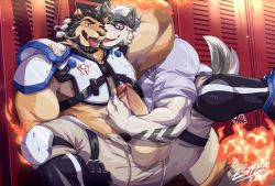 Rule 34 | 2boys, alca (wakatanka4), alca the lion, alternate costume, animal ears, bara, beard, black hair, commission, couple, dog boy, dog ears, erection, estper, extra ears, facial hair, fangs, fiery tail, flame-tipped tail, furry, furry male, furry with furry, gyee, handjob, highres, huge penis, licking, lion boy, lion ears, lion tail, locker, locker room, male focus, male pubic hair, mature male, multiple boys, muscular, muscular male, nipple slip, nipples, open fly, open pants, original, pants, pectorals, penis, pubic hair, short hair, smile, sportswear, spread legs, sweat, tail, testicles, thick eyebrows, tongue, tongue out, uncensored, undercut, yaoi