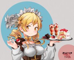 Rule 34 | 1girl, absurdres, adapted costume, alternate costume, blonde hair, blush, breasts, cake, cake slice, commentary, corset, drill hair, enmaided, food, fork, fruit, hair ornament, hands up, high collar, highres, holding, holding fork, holding tray, long sleeves, looking at viewer, madikaname, madoka runes, mahou shoujo madoka magica, mahou shoujo madoka magica (anime), maid, maid headdress, medium breasts, neck ribbon, polka dot, polka dot background, ribbon, simple background, smile, solo, strawberry, sweets, tomoe mami, tray, twin drills, twintails, white background, yellow eyes, yellow ribbon
