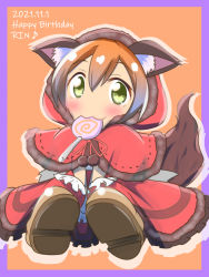 Rule 34 | 1girl, animal ears, animal hood, apron, artist name, artist request, back bow, black choker, bow, breasts, brown footwear, brown gloves, candy, capelet, choker, corset, dress, female focus, fingerless gloves, food, frilled apron, frills, fur-trimmed capelet, fur-trimmed gloves, fur-trimmed hood, fur-trimmed skirt, fur trim, gloves, green eyes, hair between eyes, hair ornament, hairclip, halloween dress-up (love live!), highres, hood, hoodie, hoshizora rin, looking at viewer, love live!, love live! school idol festival, love live! school idol festival all stars, love live! school idol project, miniskirt, mouth hold, orange hair, parted lips, plaid, plaid dress, plaid skirt, pleated, pleated dress, pleated skirt, pom pom (clothes), red capelet, red corset, red dress, red ribbon, red skirt, ribbon, shoes, short hair, skirt, smile, solo, tail, white apron, white bow, white dress, wolf ears, wolf tail, x hair ornament, yellow eyes