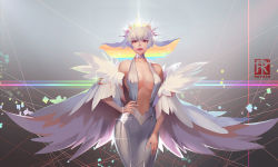 Rule 34 | 10s, 1girl, bare shoulders, breasts, choker, cleavage, crown, dress, feather boa, flipped hair, kill la kill, kiryuuin ragyou, large breasts, mature female, mr. carp, multicolored hair, rainbow hair, short hair, solo, sparkle, third-party edit, white hair