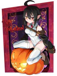 Rule 34 | 1girl, absurdres, ahoge, black footwear, black hair, black jacket, brooch, closed mouth, collared leotard, commentary request, english text, frown, glaring, halloween, happy halloween, heterochromia, highres, jack-o&#039;-lantern, jacket, jewelry, leotard, long hair, looking at viewer, mioshi (vixis340), original, pointy ears, red eyes, shoes, short hair, shrug (clothing), sidelocks, sitting, solo, thighhighs, white leotard, white thighhighs, yellow eyes