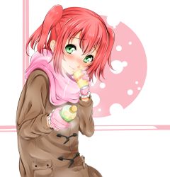 Rule 34 | 1girl, absurdres, bad id, bad pixiv id, blush, bottle, brown coat, can, closed mouth, coat, drink, frilled gloves, frills, furrowed brow, gloves, green eyes, hair between eyes, head tilt, highres, holding, holding can, kurosawa ruby, looking at viewer, love live!, love live! sunshine!!, nakano maru, nose blush, pink gloves, pink scarf, red hair, scarf, smile, solo, two side up