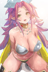 Rule 34 | 1girl, angela (seiken densetsu 3), armor, arms behind back, bad id, bad pixiv id, bikini armor, breasts, cape, choker, cleavage, collarbone, commentary, gradient background, grey background, highres, jewelry, large breasts, long hair, looking at viewer, magus (seiken densetsu 3), necklace, open mouth, pink hair, pointy ears, revision, rosie99, seiken densetsu, seiken densetsu 3, solo, yellow eyes