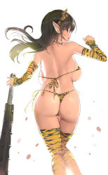 Rule 34 | 1girl, :d, animal print, ass, back, backboob, bad id, bad pixiv id, bare shoulders, bikini, breasts, brown eyes, brown hair, club, club (weapon), detached sleeves, duplicate, fake horns, feet out of frame, from behind, hairband, holding, holding weapon, horns, kanabou, large breasts, long hair, long sleeves, looking at viewer, looking back, micro bikini, open mouth, original, pixel-perfect duplicate, pointy ears, print bikini, print sleeves, print thighhighs, ribbon, side-tie bikini bottom, smile, solo, spiked club, standing, swimsuit, thigh gap, thighhighs, tiger print, weapon, yaegashi nan, yellow bikini, yellow hairband, yellow ribbon, yellow thighhighs